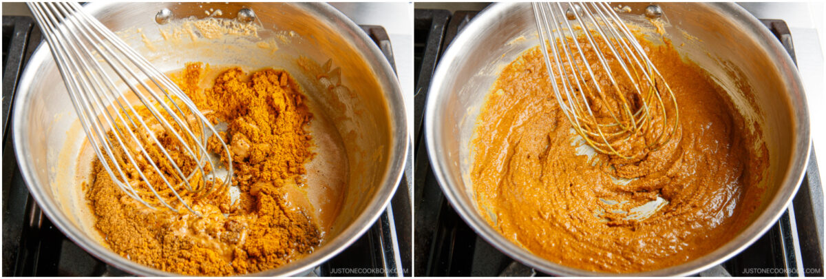 Two side-by-side photos show a metal whisk mixing curry powder into a roux in a stainless steel saucepan on a stove, with the mixture becoming smoother and darker from left to right.