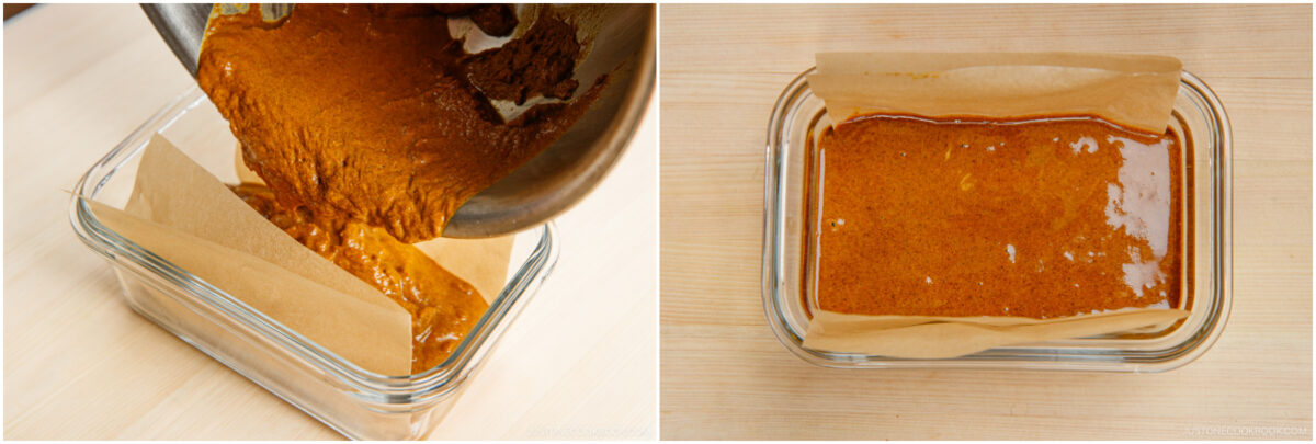 Side-by-side photos: On the left, a thick brown mixture is being poured into a parchment-lined glass dish. On the right, the mixture sits smoothly spread in the dish, ready to set.