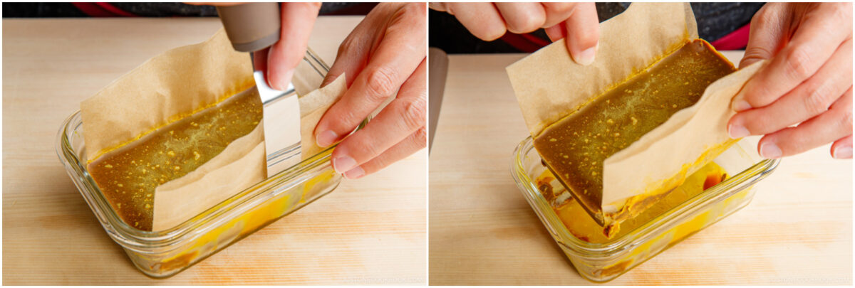Two images show hands working with a glass dish lined with parchment paper. In the first, a pastry brush spreads liquid on top. In the second, the parchment and contents are being lifted from the dish.