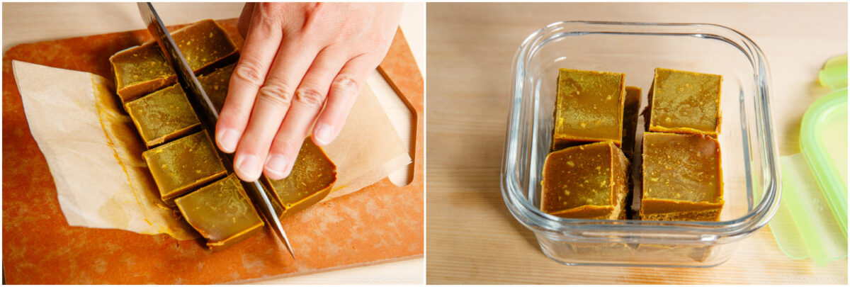 A hand slices golden-brown squares on parchment paper, while the second image shows six squares neatly arranged in a glass container with a green lid nearby.