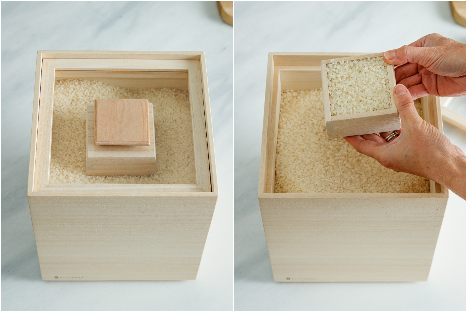 A wooden box filled with rice. The left image shows the closed box, while the right image shows hands lifting an inner wooden container filled with rice from the box.