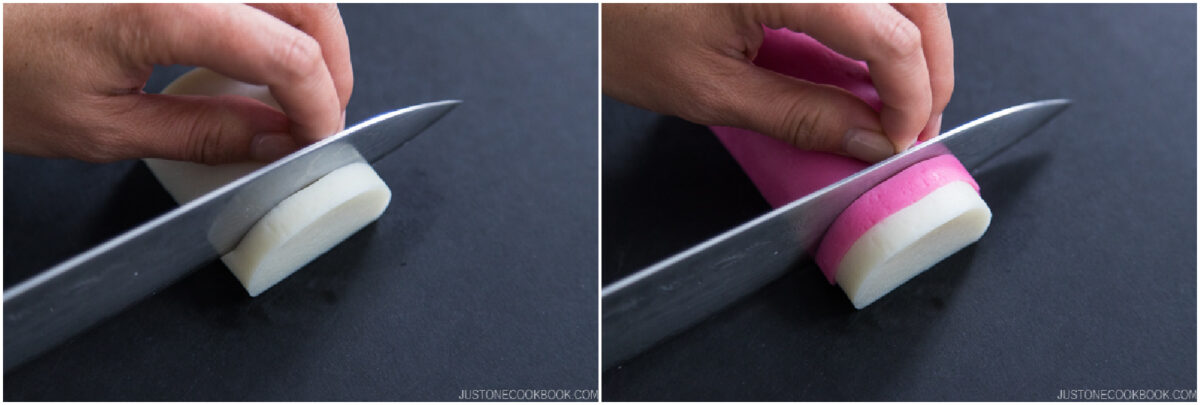 Side-by-side images showing a hand slicing white and pink-and-white rectangular foods with a knife on a dark surface.