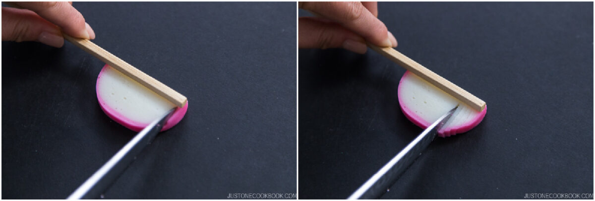 Two side-by-side images show a hand holding a wooden chopstick next to a round pink-and-white item while slicing it with a knife against a dark background.