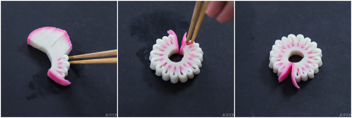 Three panels show step-by-step use of chopsticks to fold and shape a white and pink-edged piece of fish cake (kamaboko) into a decorative floral ring on a dark surface.