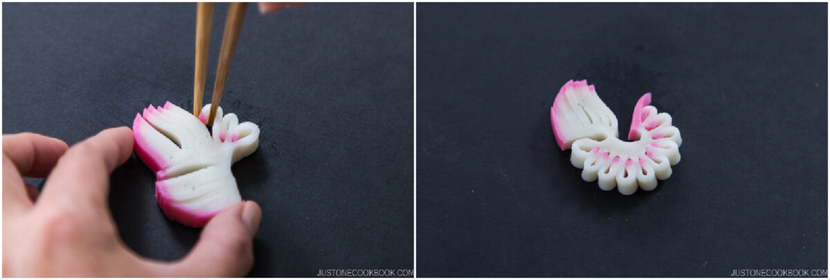 Two photos show a hand using chopsticks to shape slices of pink and white kamaboko (fish cake) into a decorative fan pattern on a dark surface.