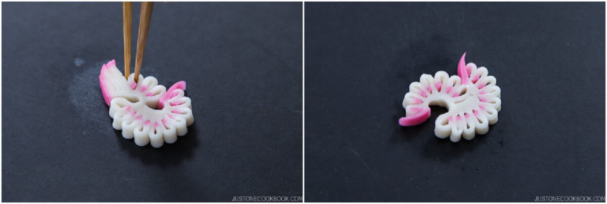 Two-panel image showing a piece of white and pink kamaboko (Japanese fish cake) being shaped with chopsticks on a dark surface, forming a decorative, ruffled pattern.