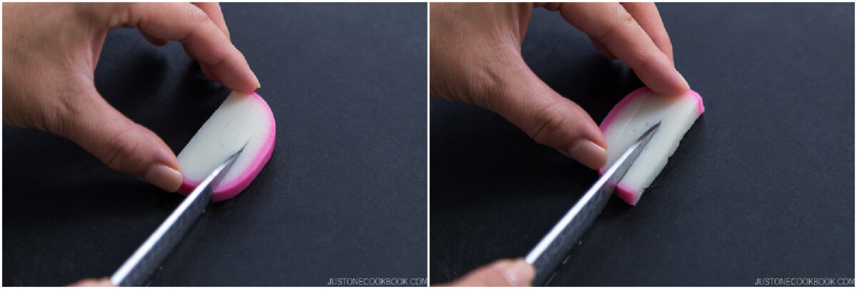 Two close-up images show a hand slicing a piece of pink and white fish cake (kamaboko) on a black surface with a knife. The knife is angled in both images to make thin slices.