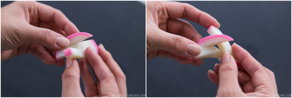 Two close-up images show hands assembling slices of pink-edged white radish into a flower-like shape against a dark background.