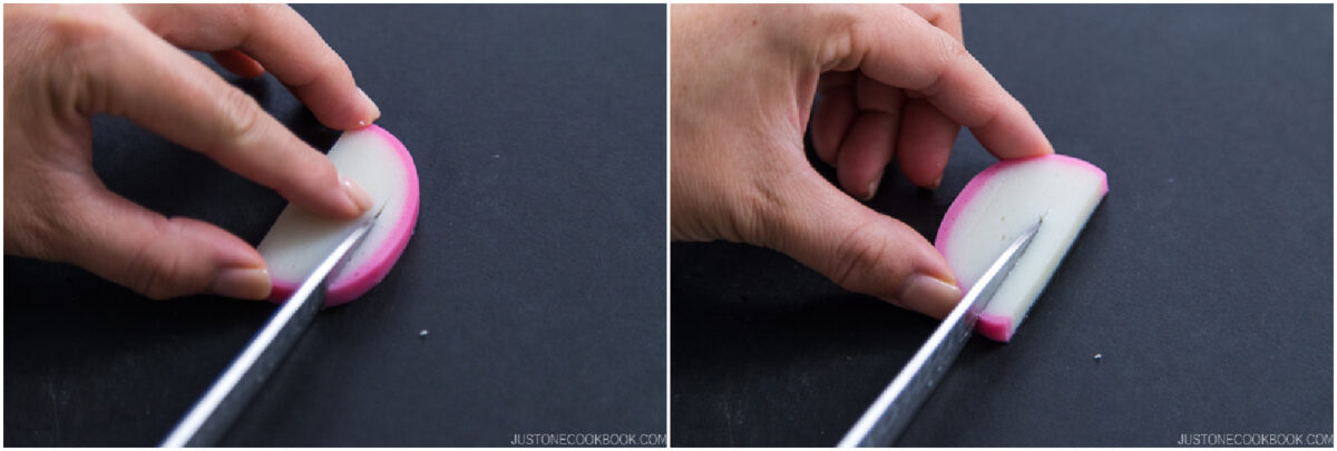 Two side-by-side photos show a hand slicing a piece of white and pink food, likely fish cake (kamaboko), on a black cutting board with a knife.