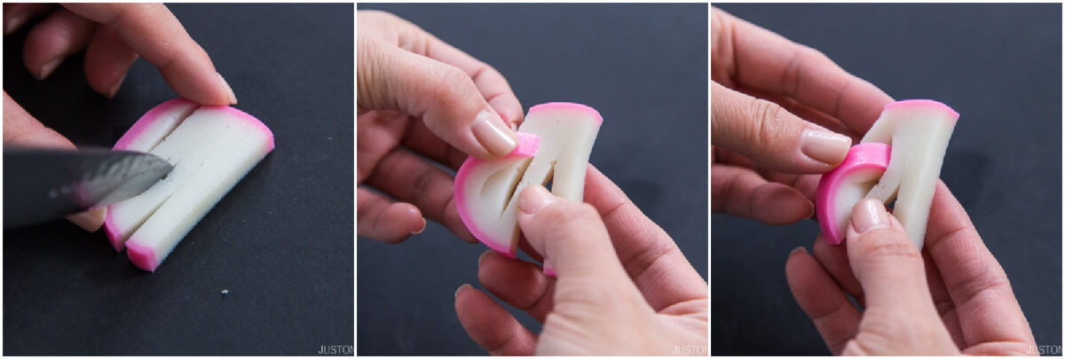 Three-panel image showing hands cutting a piece of white and pink kamaboko fish cake, then folding and shaping it. The sequence demonstrates how to make a decorative food garnish.
