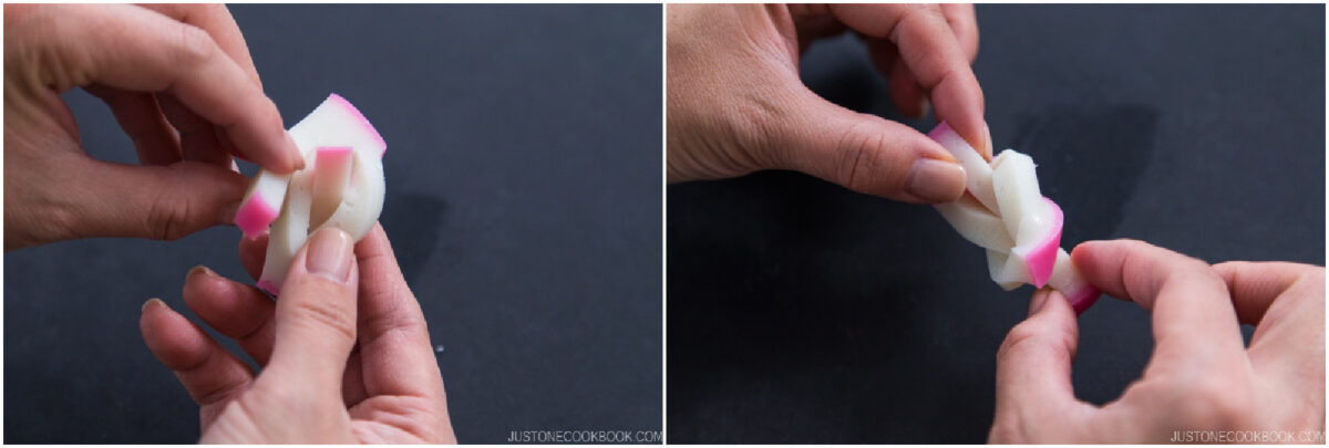 Two close-up images show hands folding and shaping a piece of white and pink food, possibly a dumpling or mochi, against a dark background.