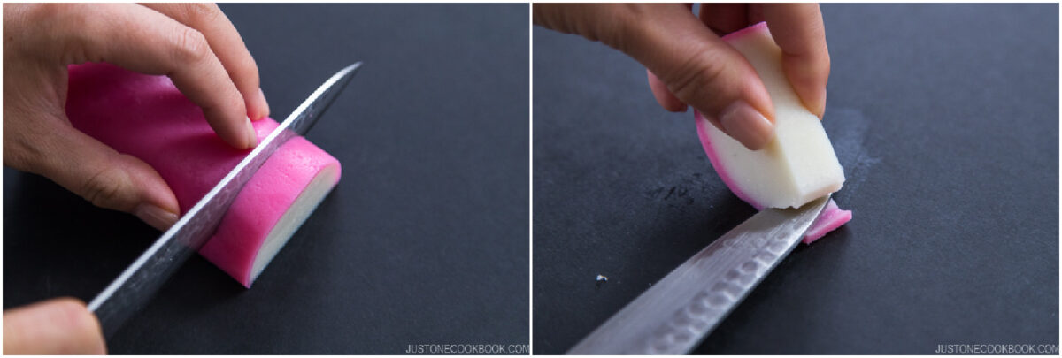 Close-up of hands slicing a piece of pink and white kamaboko fish cake on a dark surface with a knife. The left image shows the initial cut, and the right shows a thinner slice being separated.