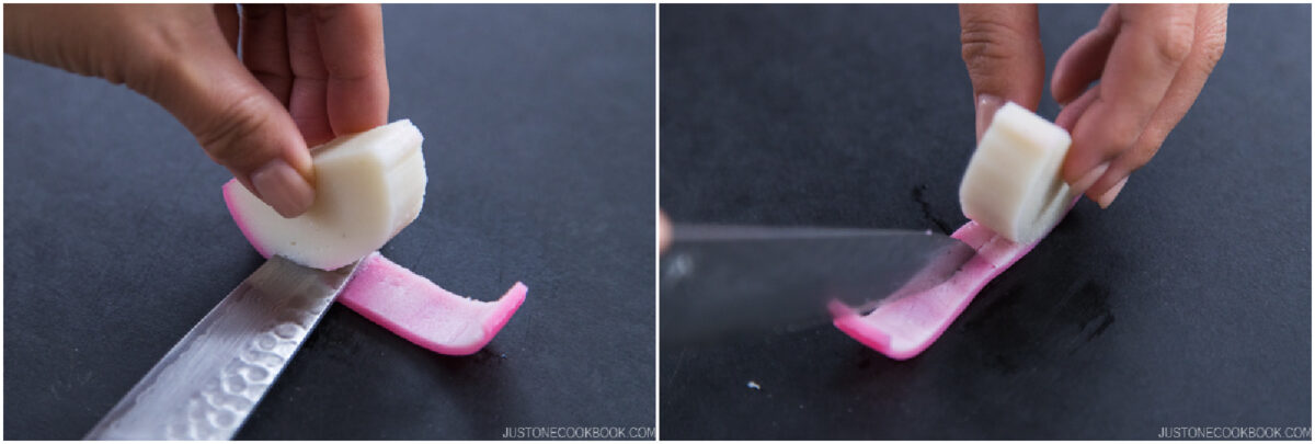 A hand slicing a pickled radish into thin pieces with a knife on a black surface, shown from two angles.