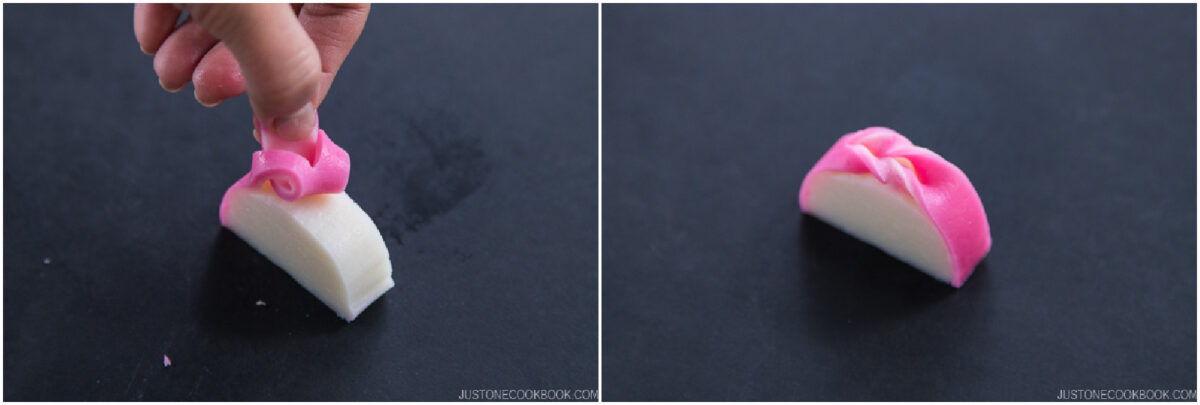 A hand shapes a pink piece of dough on top of a white rice cake in the first image. The second image shows the finished rice cake with the pink dough neatly arranged on top.