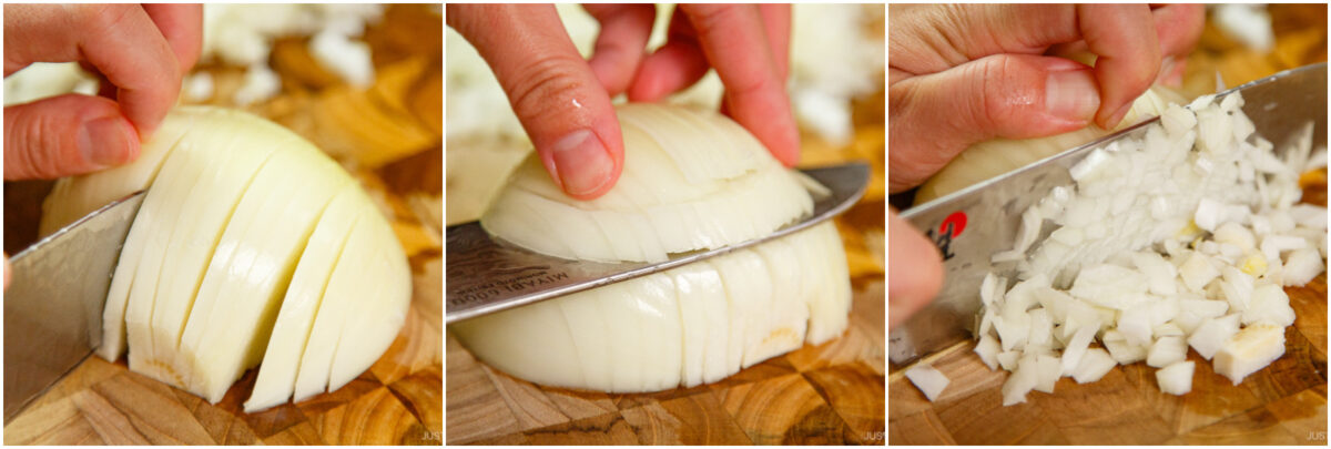 A three-panel image showing hands chopping an onion: first slicing the onion, then dicing it with a knife, and finally gathering finely chopped onion pieces on a cutting board.