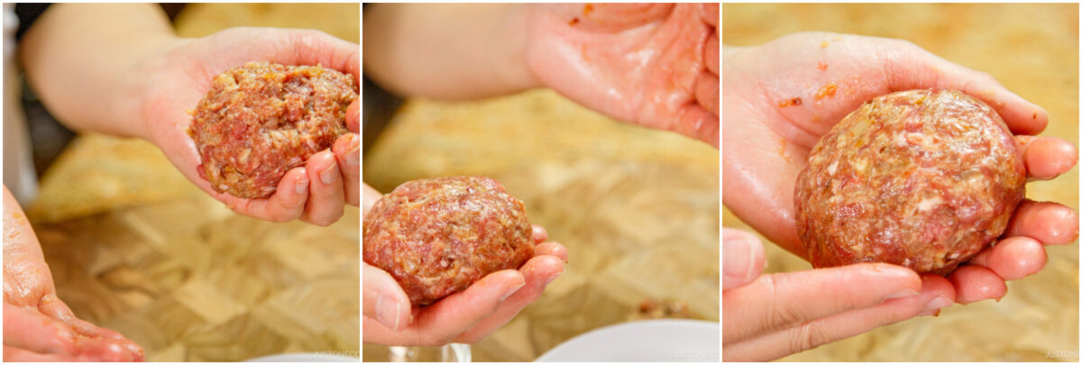 A person shaping raw ground meat mixture into a round patty with their hands, shown in three close-up stages on a wooden surface.