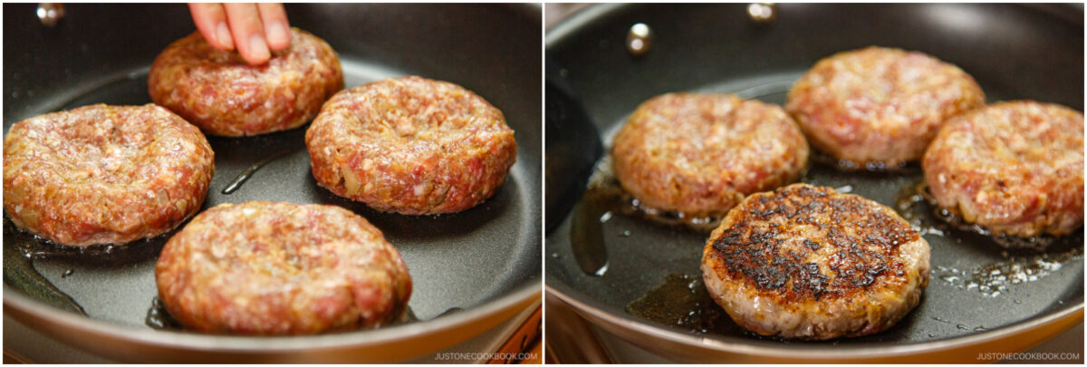 Side-by-side photos of raw pork patties being placed in a skillet on the left, and the same patties cooked and browned on one side in the skillet on the right.