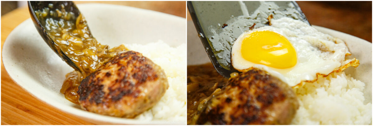 A split image showing a hamburger patty with gravy being served over white rice on the left, and a fried egg being placed on top of the patty and rice on the right.
