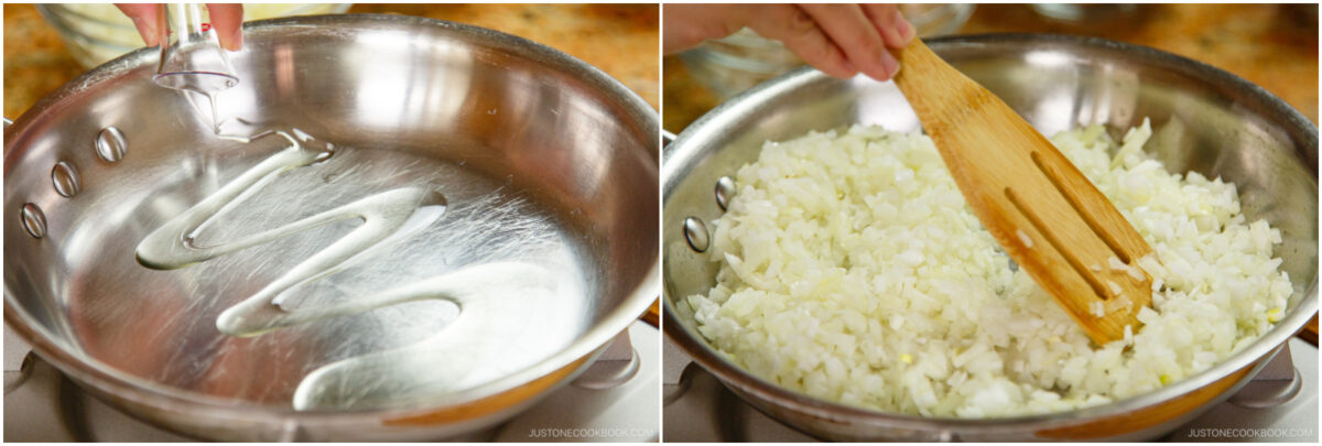 Side-by-side images: Left, oil being poured into a stainless steel pan. Right, diced onions being stirred in the pan with a wooden spatula.