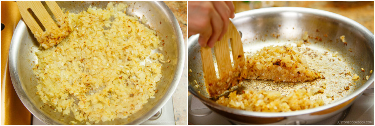 Two images show finely chopped onions being sautéed in a metal pan. In the right image, a hand stirs the onions with a wooden spatula as they turn golden brown and caramelize.