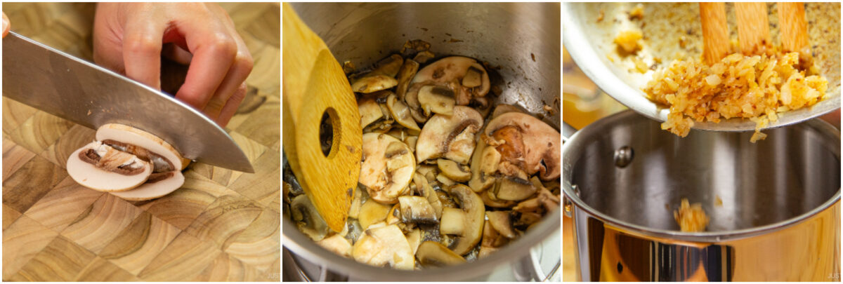 A hand slices mushrooms on a wooden board, mushrooms are sautéed in a pot, and cooked onions are being added to another pot.