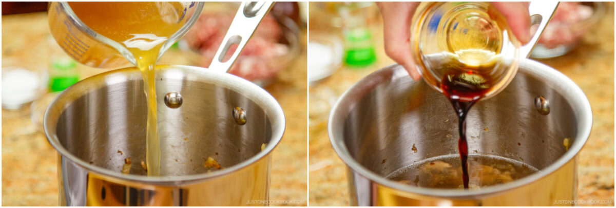 Two-panel image: Left—golden broth being poured from a measuring cup into a pot; right—a hand pours dark soy sauce from a small bowl into the same pot on a kitchen counter.