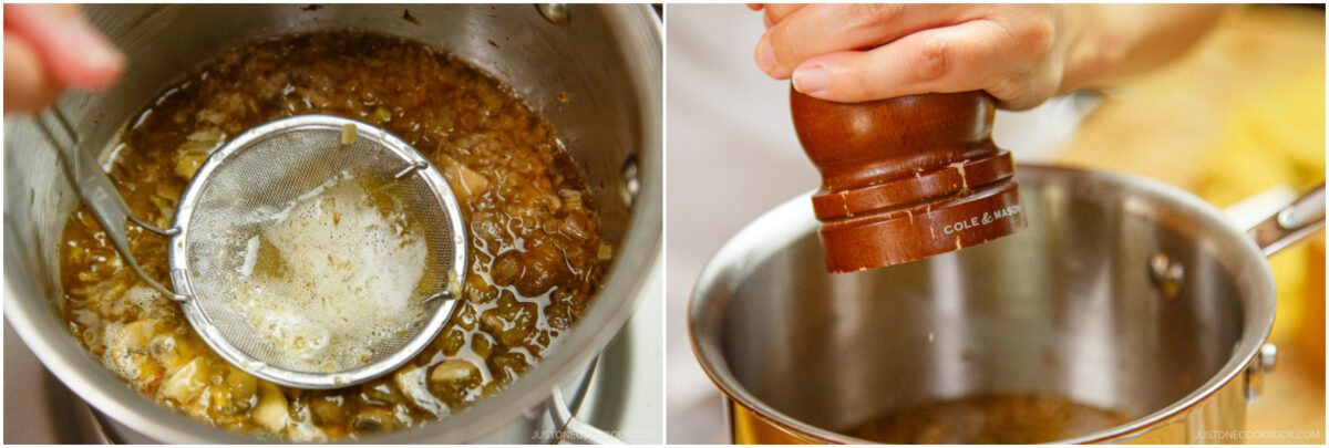 Left: A hand holds a mesh strainer over a pot of simmering broth with bits in it. Right: A hand grinds pepper from a wooden mill over another pot on a stove.