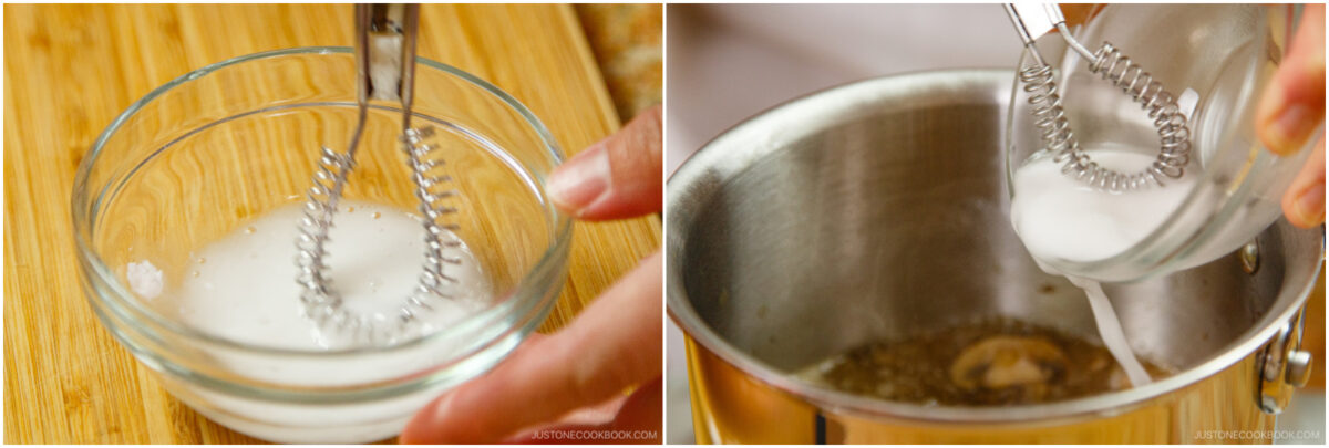 Left: A hand whisks a white liquid in a small glass bowl. Right: The liquid is poured from the bowl into a saucepan with other ingredients.