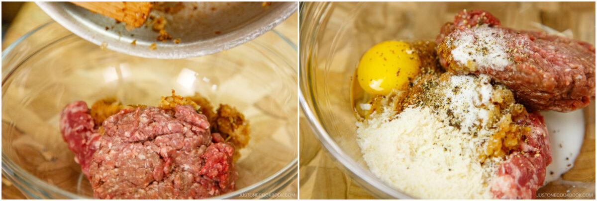 Two images side by side: on the left, ground beef and sautéed onions are added to a bowl; on the right, ground beef is topped with an egg, grated cheese, spices, and breadcrumbs in a glass bowl.