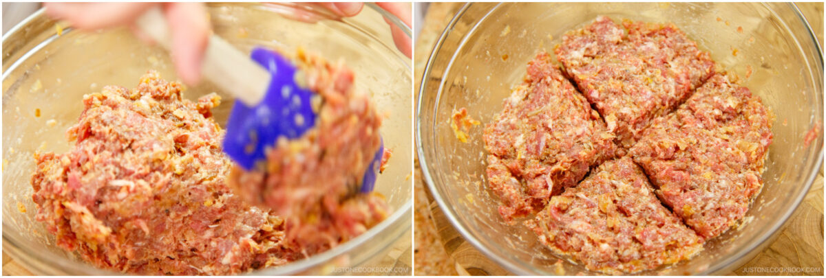 Two side-by-side images: on the left, a hand uses a blue spatula to mix ground meat in a bowl; on the right, the mixed meat is divided into four sections inside the same bowl.