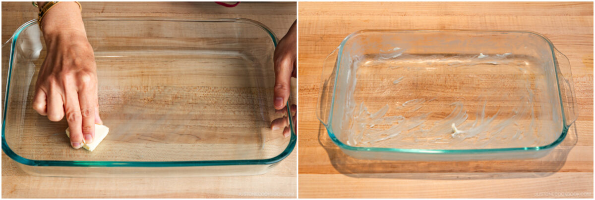 A hand rubs butter on a glass baking dish in the left image; the right image shows the same dish coated with a thin layer of butter on a wooden surface.