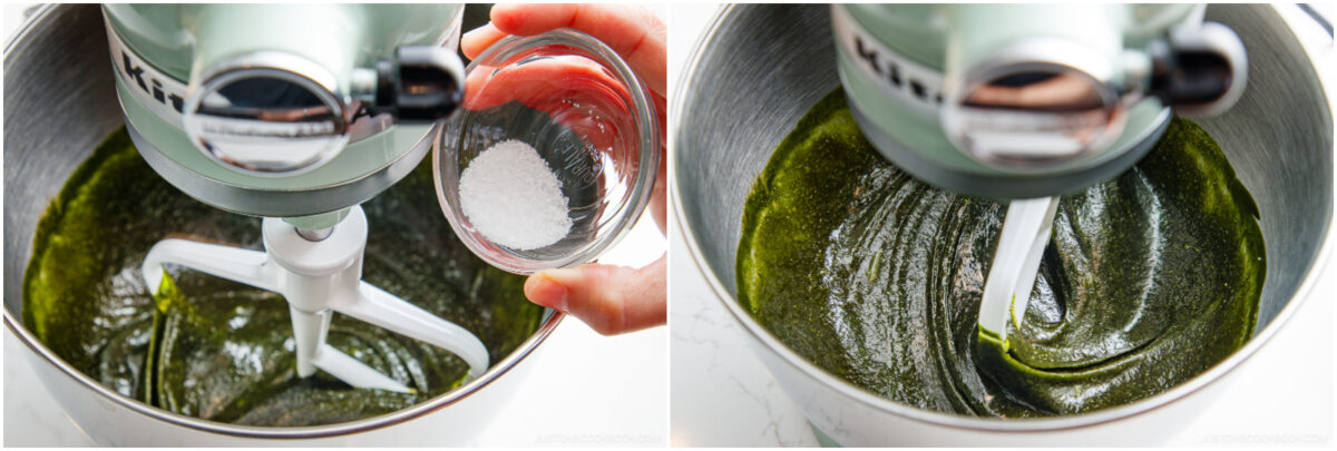 Two photos of a stand mixer with a paddle attachment mixing a green batter; in the first image, a hand adds salt from a small bowl, and in the second, the mixture is being blended smoothly.
