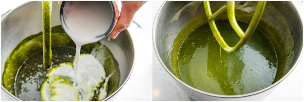 Two images: On the left, milk is being poured into a mixing bowl with green batter. On the right, a mixer paddle rests inside the bowl with the green batter, ready to be mixed.