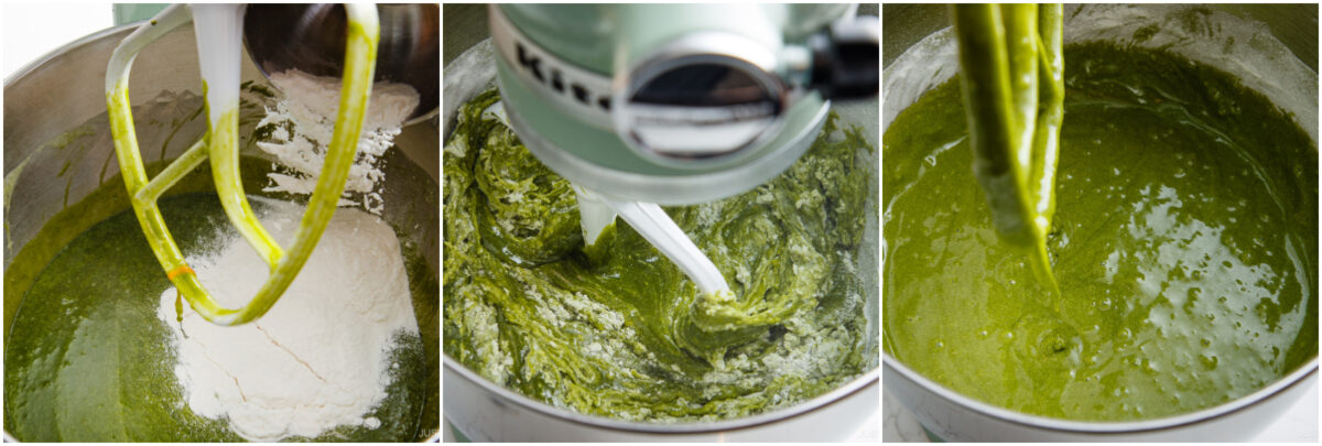 Three images show stages of mixing green batter in a stand mixer: adding flour, partially mixed batter, and fully blended smooth batter, all using a white paddle attachment.