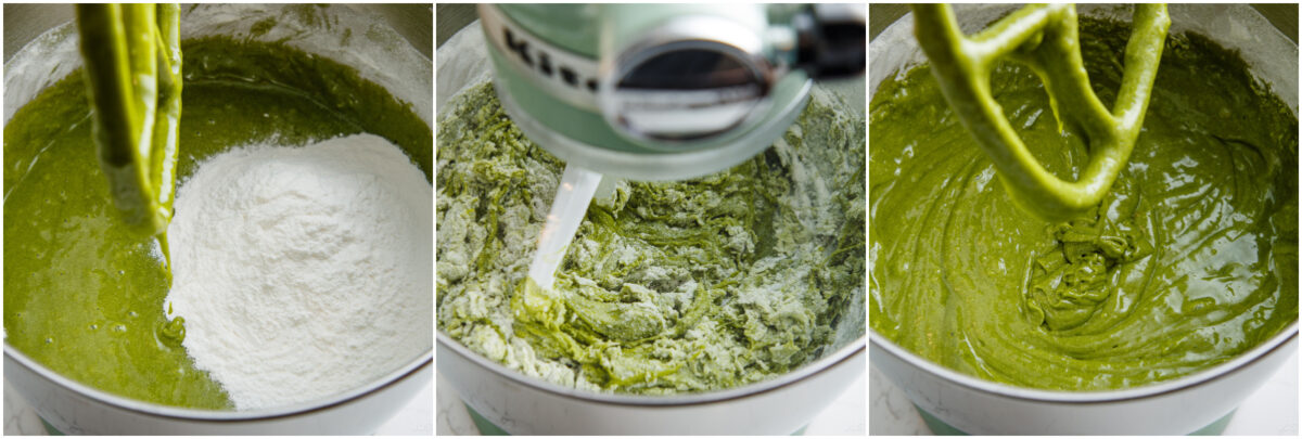 A three-panel image shows flour being added to a green batter in a stand mixer, then partially mixed, and finally fully combined into a smooth green mixture.