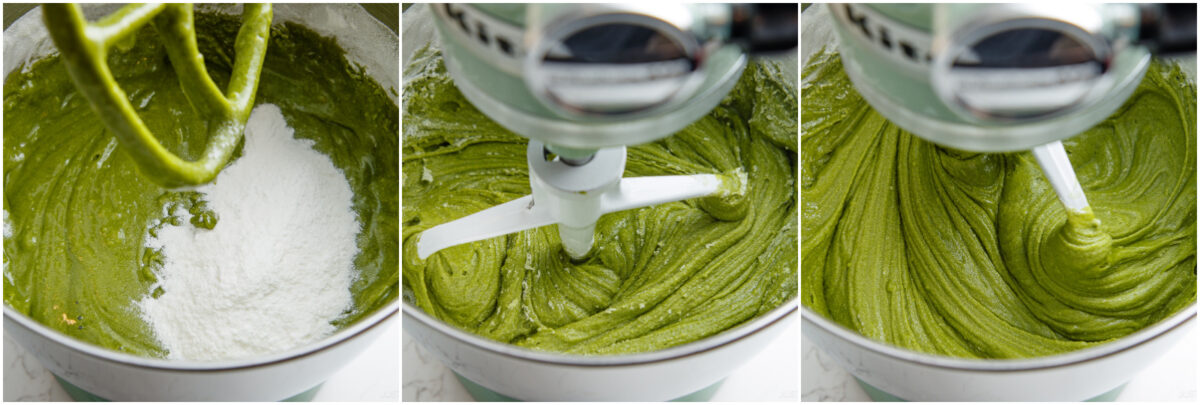 Three panels show the process of mixing a green batter in a stand mixer: first adding sugar, then blending, then a smooth, fully mixed green batter.