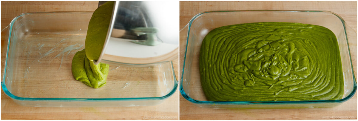 A split image shows green batter being poured into a greased glass baking dish on the left, and the batter spread evenly in the dish on the right, ready for baking.