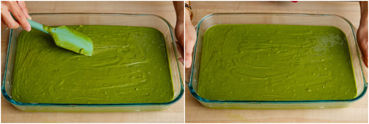 A person spreads green batter evenly in a glass baking dish with a spatula; the second image shows the batter evenly smoothed out in the dish.