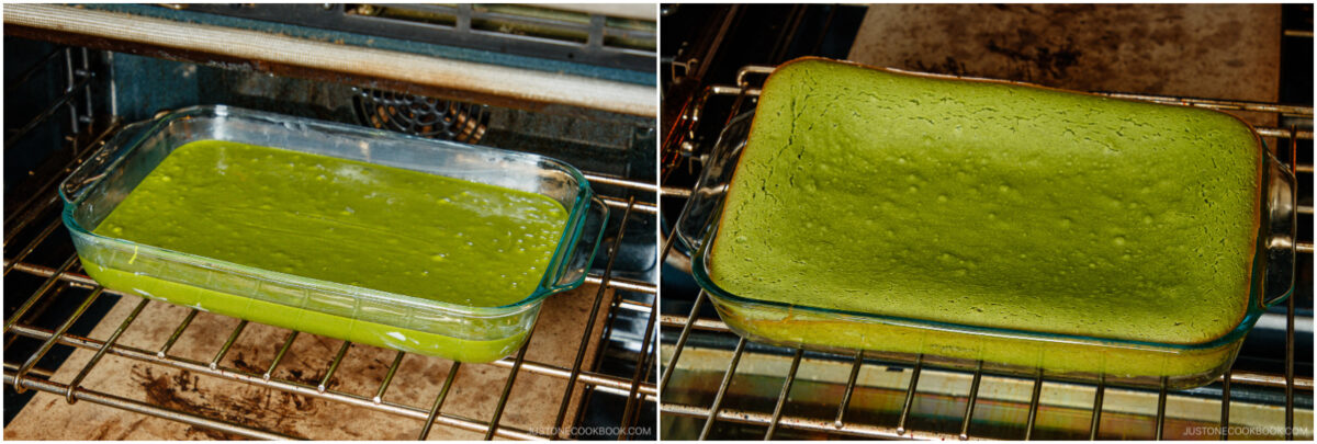 Side-by-side photos of a glass baking dish in an oven, filled with bright green batter on the left and with the baked, puffed-up green cake on the right.