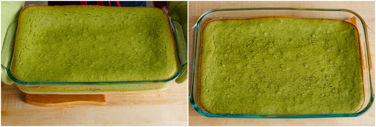 Side-by-side images of a baked green cake in a rectangular glass dish, shown from above and at an angle. The cake has a smooth, even surface and is set on a wooden surface.