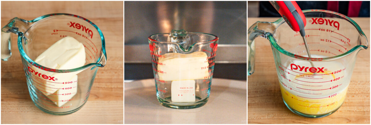 Three side-by-side photos show a glass measuring cup with butter: solid butter, butter being microwaved, and melted butter being stirred with a red spatula.