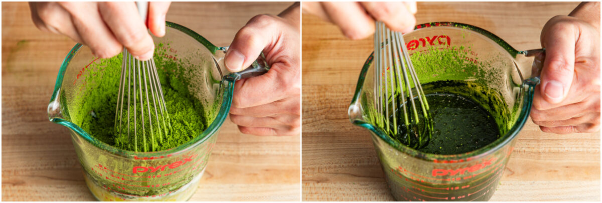 Two side-by-side images show hands whisking green matcha powder with water in a glass measuring cup; the left side shows it frothy, while the right side shows it smooth and blended.
