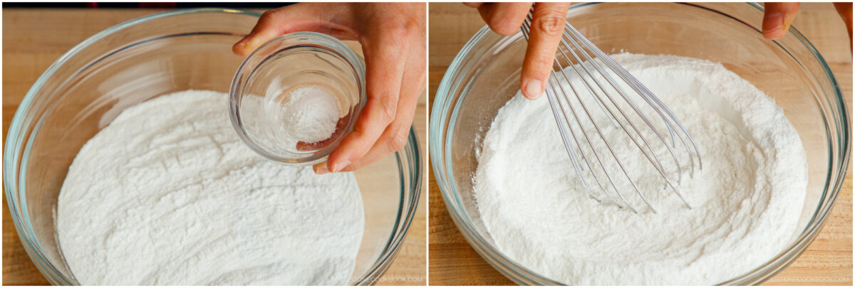 Two-panel image: Left, a hand adds a small bowl of salt to a large bowl of flour. Right, a hand uses a whisk to mix the dry ingredients together in the glass bowl on a wooden surface.