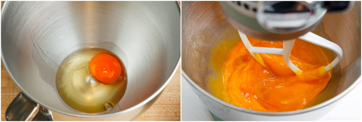 A split image shows an egg in a mixing bowl on the left and the egg being mixed with a stand mixer on the right, turning the yolk and white into a smooth orange mixture.
