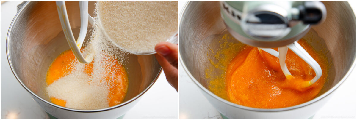 A person pours sugar into a mixing bowl with orange egg yolks, then the mixture is being blended with a stand mixer using a paddle attachment.