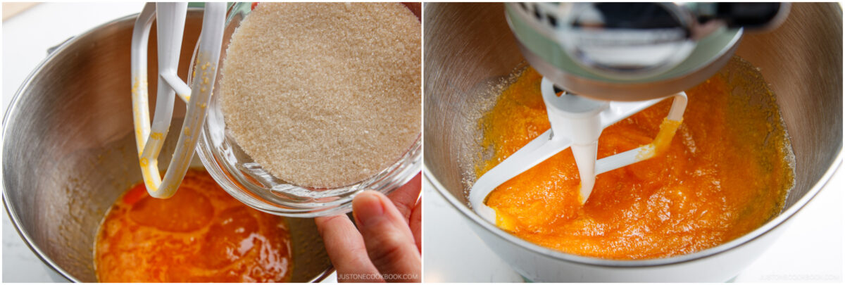 Sweetened bread crumbs being added to a mixing bowl with blended eggs in a stand mixer, demonstrating a step in Japanese bread or cake preparation.