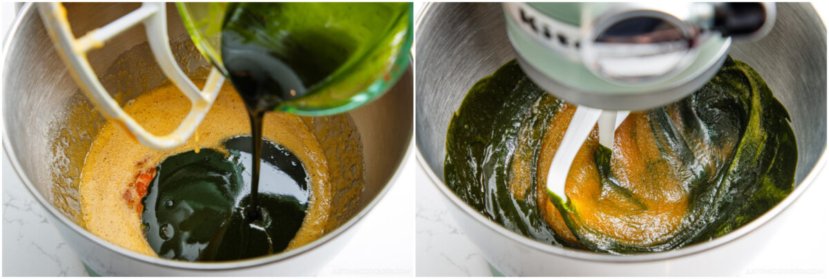 Two photos show a stand mixer bowl. In the first, dark liquid is being poured in; in the second, the mixer blends a greenish mixture with a paddle attachment.
