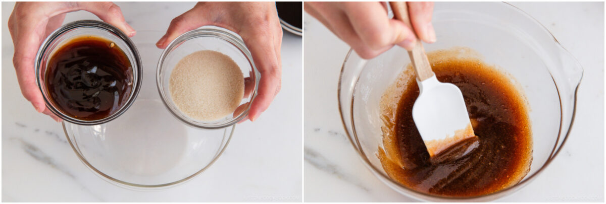 Two-panel image: Left—hands holding bowls of brown liquid and granulated sugar above a larger bowl. Right—a spatula mixing the brown liquid and sugar together in a glass bowl on a white surface.