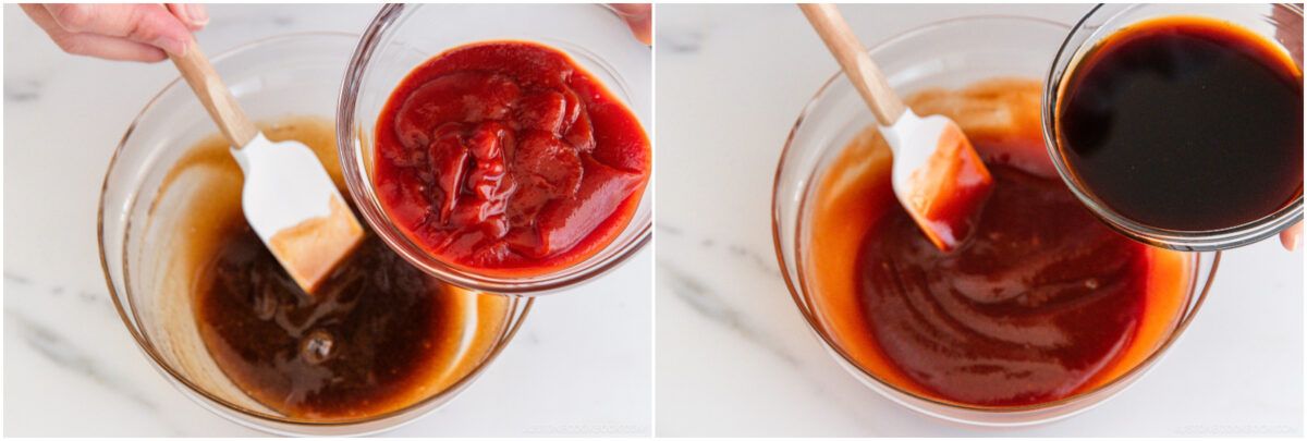 Two photos showing a person mixing sauce in a glass bowl: the first photo shows ketchup being added, and the second photo shows a dark liquid, likely soy sauce, being poured in. A white spatula is in the bowl.