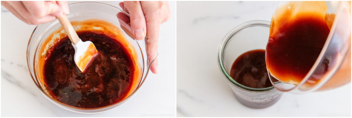 Two images: On the left, a hand stirs a reddish-brown sauce in a glass bowl with a white spatula. On the right, the sauce is being poured from the bowl into a small glass jar.